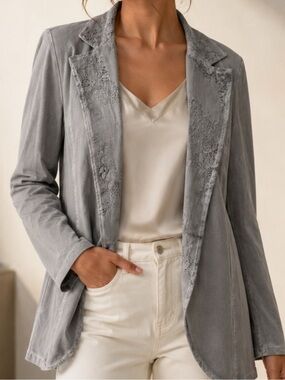 Made in Italy Lace-Trim Cotton Grey Women's Open Front Jacket